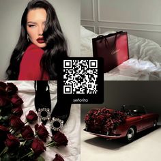 a woman sitting on top of a bed next to a bouquet of roses and a red purse