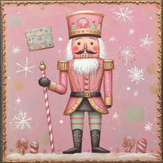 The 10 x 10 Candy Land Christmas Nutcracker Sign TTE-030 features a festive pink-themed illustration of a nutcracker dressed in a pink and gold uniform with a tall hat. This playful character, reminiscent of something out of Candy Land, is depicted holding a candy cane staff surrounded by snowflakes and peppermint candies on a pink backdrop.