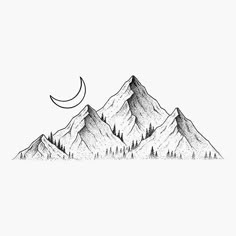 a drawing of mountains with trees on the top and a crescent in the sky above