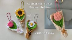 crochet mini flower bouquet keychains are shown