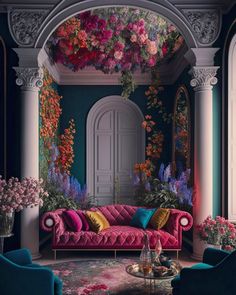 a living room filled with furniture and flowers on the wall above it's doorway