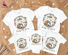 three t - shirts with the words hollywood on them and an image of two dogs