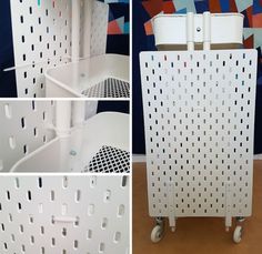 four different views of a white shelf with holes in it and the bottom one is open