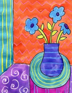 a painting of flowers in a blue vase on a table with purple and green cloth