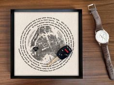 a framed photograph with a watch and keychain sitting on a table next to it