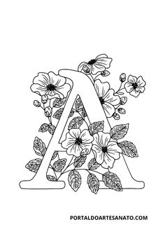 the letter with flowers and leaves on it is outlined in black and white coloring pages