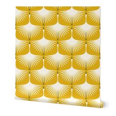 a yellow and white wallpaper with an abstract pattern on the front, featuring sunburst