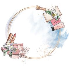 a watercolor and gold frame with lipstick, flowers and purses on it's side