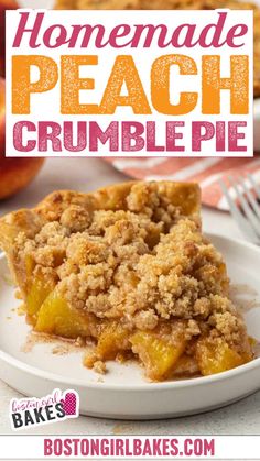 homemade peach crumble pie on a white plate