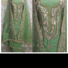 Unstitched Cotton Suit With Gotta Patti Work Color - Mehendi Elegant Green Lawn Suit With Mirror Work, Formal Green Set With Mirror Work, Green Salwar Kameez With Mirror Work For Spring, Spring Green Salwar Kameez With Mirror Work, Green Mirror Work Salwar Kameez For Spring, Elegant Fitted Salwar Kameez With Gota Work, Green Gota Work Sets For Summer, Pista Green Sets With Gota Work For Summer, Fitted Lawn Suit With Mirror Work