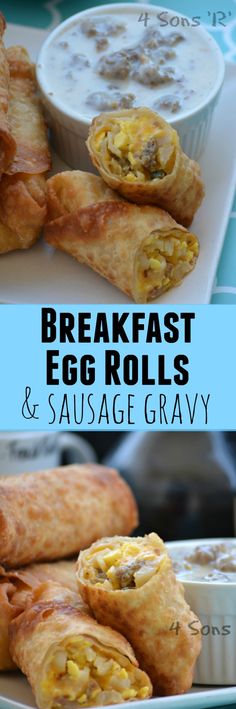 breakfast egg rolls and sausage gravy on a plate