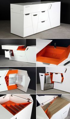 an orange and white cabinet with drawers on it's sides, in different angles