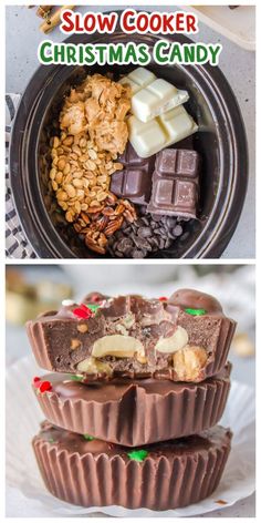 chocolates, nuts and candy are stacked on top of each other with the words slow cooker christmas candy