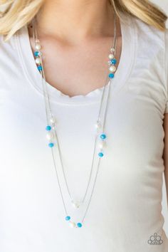 Bubbly white pearls, glittery crystal-like beads, and opaque blue beads are sprinkled along two shimmery silver chains for a refined look. Features an adjustable clasp closure. Sold as one individual necklace. Includes one pair of matching earrings. P2RE-BLXX-172XX Silver Pearl Necklace, White Pearl Necklace, Girly Accessories, Silver Chains, Costume Jewelry Necklaces, Paparazzi Accessories, Paparazzi Jewelry, Affordable Jewelry, Blue Necklace