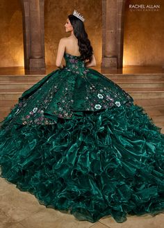 Floral Ruffled Quinceanera Dress by Rachel Allan RQ5007 – ABC Fashion Green Dress For Quinceanera, Emerald Quince, Emerald Green Quinceanera Theme, Long Sleeve Quinceanera Dresses, Emerald Green Quinceanera, Green Quinceanera Theme, Emerald Green Quince, Elaborate Embroidery