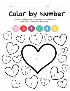 color by number worksheet with hearts and numbers for kids to learn how to draw