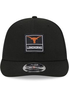 This Texas Longhorns Black Adjustable Hat features a front embroidered team logo. New Era Low Profile Trucker 9FIFTY, Front team mini leather patch, Matching crown and visor, Back contrast trucker mesh, Plastic snap closure, Cotton/Poly Blend, wipe clean with cloth or cleaning kit, 4 Adjustable Trucker Hat With Logo Patch For Fans, Black Hat With Embroidered Logo And Short Brim, Black Hat With Embroidered Logo And Flat Brim, Black Hat With Logo And Curved Brim, Black Curved Brim Hat For Fan Merchandise, Black Short Brim Hat With Embroidered Logo, Black Flat Brim Hat With Embroidered Logo, Black Baseball Cap With Embroidered Logo And Short Brim, Black Baseball Cap With Logo And Flat Brim