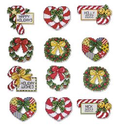 cross stitch christmas wreaths with ribbons and bows on them, all in different designs