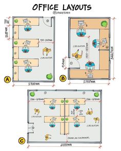 two office layouts with the same floor plan and furniture in different rooms on each side