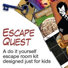 an advertisement for escape quest with images of people and books on the cover, including a key