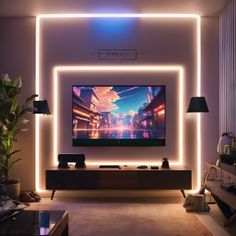 a living room with a large flat screen tv on the wall and lights around it