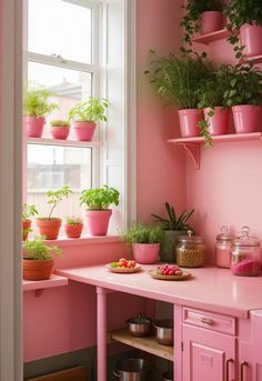 pink kitchen with potted plants on the window sill