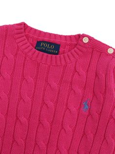 Belmont fuchsia sweater for girls in worked cotton, with buttons on the shoulders, ribbed hems, contrasting logo on the front.Composition: 100% COTTON Pink Cotton Sweater With Ribbed Collar, Classic Pink Top With Ribbed Collar, Classic Pink Cable Knit Sweater, Pink Cotton Cable Knit Top, Pink Cable Knit Cotton Top, Polo Ralph Lauren Kids, Ralph Lauren Logo, Ralph Lauren Kids, Kenzo Kids