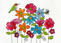 a drawing of flowers and a hummingbird on a white paper with watercolor pencils