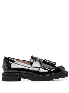 black leather tassel detail slip-on style round toe branded insole rubber sole Fashion Fits, Leather Tassel, High Heel Sandals, Stuart Weitzman, Loafer Shoes, Calf Leather, High Fashion, Rubber Sole, Sandals Heels