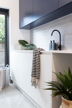 a kitchen with a sink, window and potted plant on the counter next to it