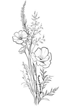 some flowers that are in the middle of a line art drawing style, with leaves and stems