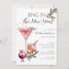 a christmas cocktail party card with the words ring in the new year