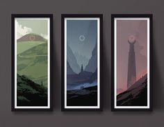 three posters with mountains in the background