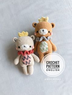 two crocheted teddy bears sitting next to each other on a white background with the words crochet pattern english