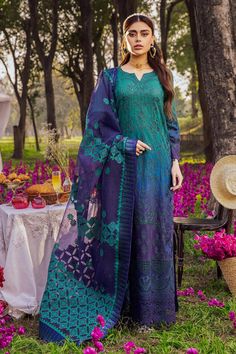 Brand:Nureh Fabric:SHIRTEmbroidered tie & dye lawn frontEmbroidered tie & dye lawn side panelsEmbroidered tie & dye lawn sleevesTie & dye lawn backEmbroidered laceDUPATTAEmbroidered 4 side border with laser work organza... Dupatta Draping Styles, Side Border, Summer Lawn, Embroidered Chiffon, Stylish Dresses For Girls