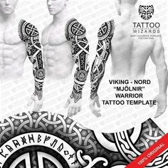 an ad for tattoo wizard's arm sleeves with celtic designs on the arms and chest