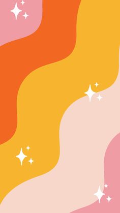 an orange, pink and yellow background with white stars on the bottom right side of the image