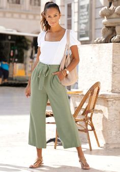 Light Green Paper Bag Waist Pants F09008 from LASCANA Trendy Tie Waist Pants, Trendy Paperbag Waist Bottoms For Work, Casual Paperbag Waist Belted Pants, Trendy Belted Paperbag Waist Bottoms, Trendy Belted Bottoms With Paperbag Waist, Trendy Paperbag Waist Pants With Elastic Waistband, Casual Paperbag Waist Pants With Belt Loops, Trendy Paperbag Waist Pants For Spring, Trendy Spring Pants With Paperbag Waist