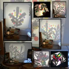 several pictures of different types of christmas decorations on a table with lights in the background