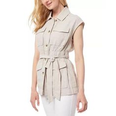 Nwt Size Xl Jones New York Women's Belted Safari Beige Linen Fabrication Vest Jones New York Womens Belted Safari Vest Beigestone Xl Elevate Your Casual-Chic Ensemble With The Belted Safari Vest From Jones Ny. Crafted From A Washed Linen Blend Fabrication, This Vest Exudes Relaxed Sophistication. The Self-Tied Belt Cinches At The Waist For A Flattering Silhouette, While The Front Patch Pockets Add Functional Flair. With A Point Collar And Button-Front Closures, It Offers Versatile Styling Options. Pair It With Your Favorite Jeans Or Layer It Over A Dress For Effortless Style. Machine Washable For Easy Care, This Imported Vest Is A Must-Have Addition To Your Wardro Safari Style Women, Safari Vest, Red Puffer Vest, Safari Style, Casual Vest, 50 Fashion, Linen Women, Jones New York, Cap Sleeve