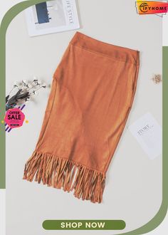 Brown Fringe Asymmetric Wrap Suede Midi Skirt Brown Fringe Skirt Outfit Country, Fitted Asymmetrical Brown Mini Skirt, Chic Brown Fringe Skirt, Luxury Brown Asymmetrical Skirt, Suede Fringe Skirt, Midi Skirt