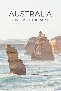 the ocean with rocks in the foreground and text that reads australia 4 weeks itinerary