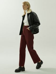 Editor's Notes EN OR's exclusive high rise pants that is easy to pull over on a daily basis. Team yours with a chunky sweater or wear with a turtleneck for a versatile look.- Loose fit and relaxed silhouette- Corduroy material that is soft to the touch- Fine stitching and belt loop detail- Front and back pockets includedMeasurements (in.)Size (S,M)- Waist: 14.25 in. / 15.24 in. - Hips: 18.74 in. / 19.76 in. - Rise: 11.73 in. / 12.01 in. - Thigh: 12.24 in. / 12.99 in. - H Burgundy Bottoms For Fall Workwear, Burgundy Pants For Work In Fall, Burgundy Straight Leg Bottoms For Fall, Burgundy Straight Leg Pants For Fall, Casual Burgundy Bottoms For Fall, Burgundy Wide Leg Bottoms For Fall, Casual Burgundy Pants For Fall, Burgundy Cotton Bottoms For Fall, Burgundy High-waisted Pants For Fall