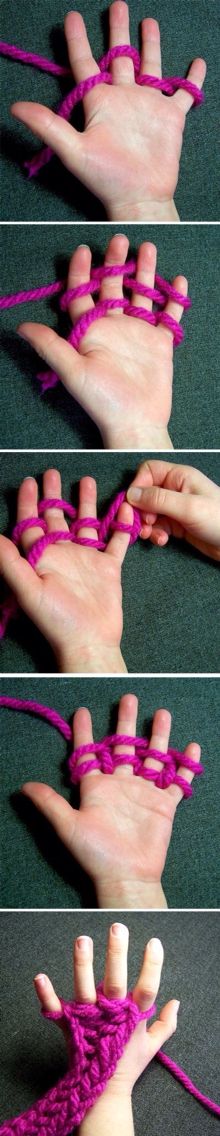 four different images of hands with purple yarn on them and one hand holding the string