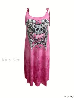 Katykey - Premium Plus Size Gothic Summer Dress: Womens Plus Skull Print Tie Shoulder Round Neck Slightly Stretchy Maxi Cami Dress Sleeveless Summer Dresses With Skull Print, Casual Skull Print Dresses For Spring, Casual Skull Print Spring Dresses, Gothic Summer, Plus Size Gothic, Plus Size Goth, Summer Goth, Summer Maxi, Loose Dress