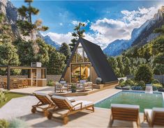 an artist's rendering of a house with a pool in the foreground and mountains in the background