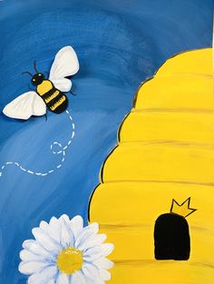 two bees flying over a beehive next to a white flower on a blue background