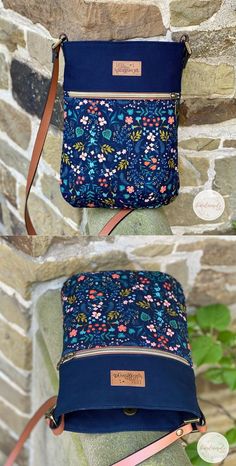 two pictures of the same purse with different colors and patterns on it, one has a strap