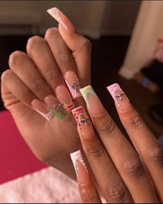 Cardi B Nails Short, Mitch Match Nail Designs, Freestyle Nails With Charms, Square Y2k Nails, Nails Short Tapered Square, Charm Acrylic Nails, Birthday Sets Nails, Classy Square Nails, Y2k Nails Short