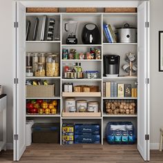 an organized pantry with lots of food items